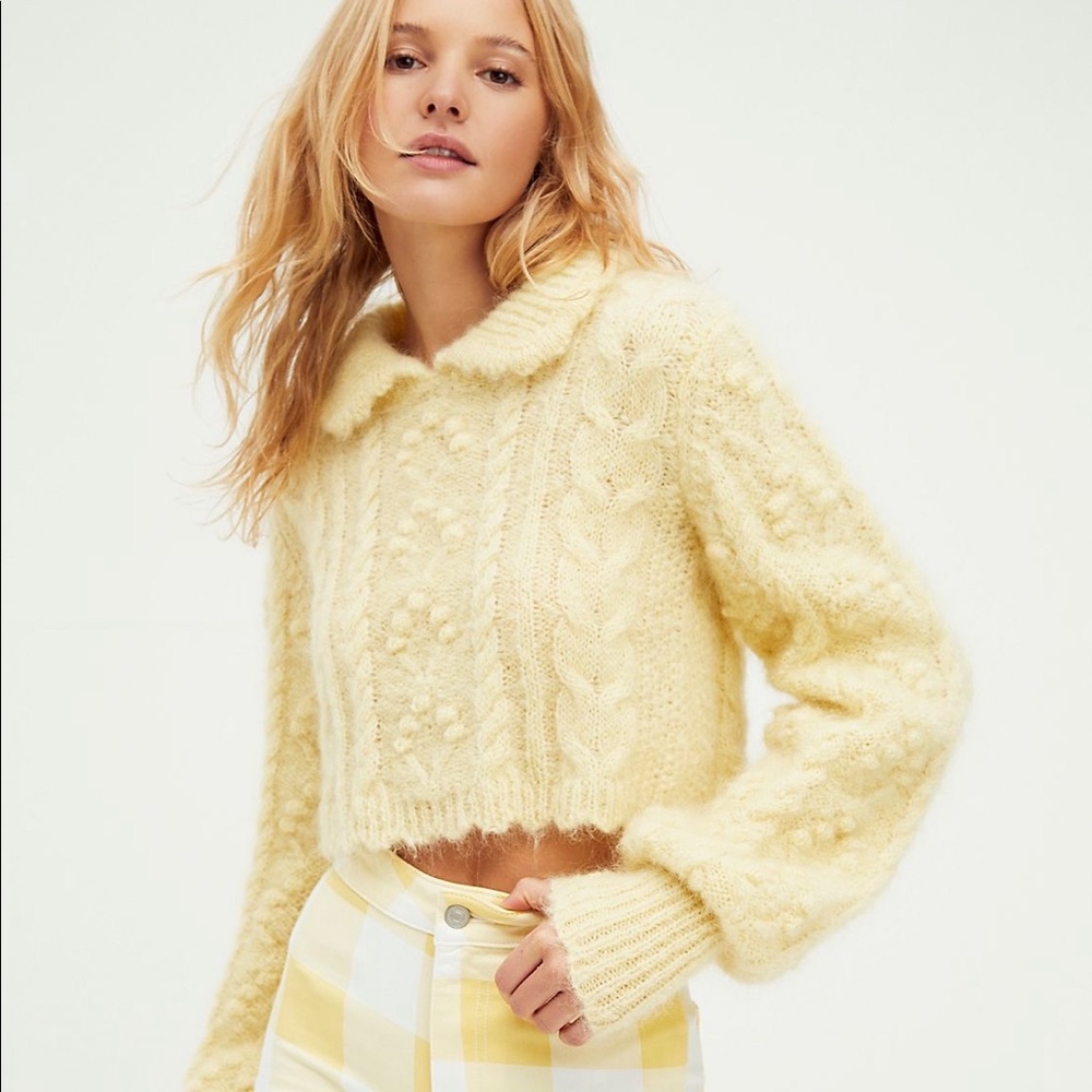 LoveShackFancy Pale Yellow Cropped Cable-Knit Sweater